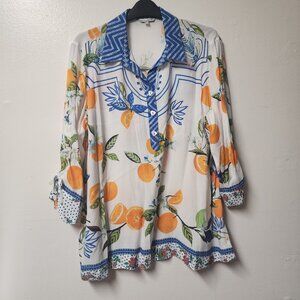 John Mark white orange fruit print roll sleeves blouse PL NWT Cruise